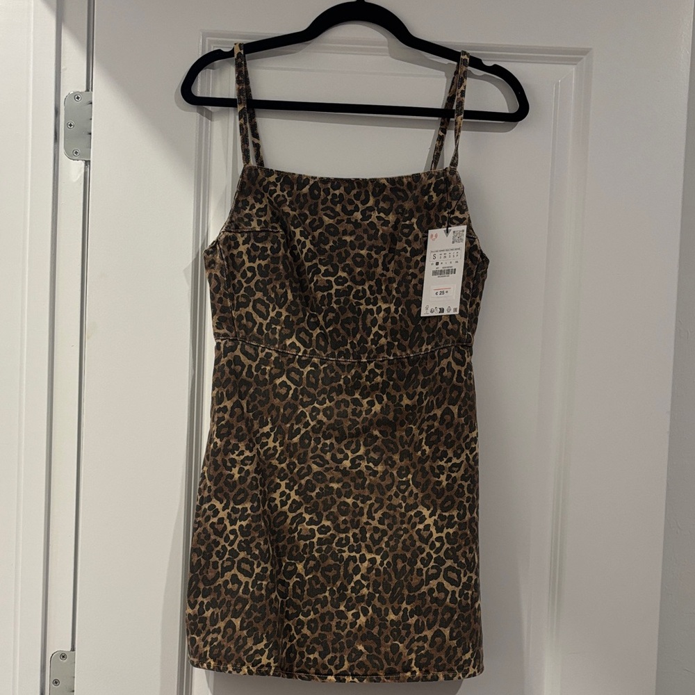 Zara Denim Leopard Print Mini Dress Size S